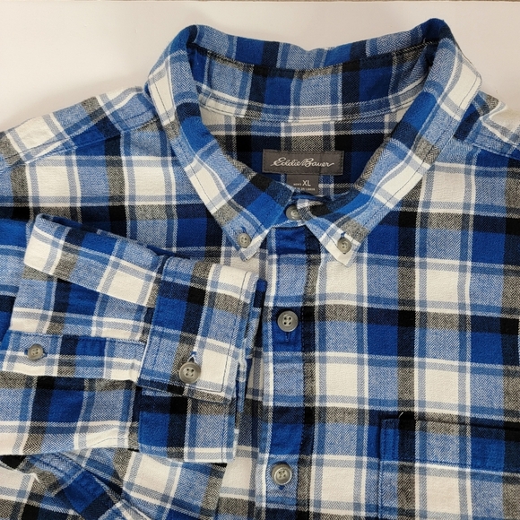 Eddie Bauer Blue/White Plaid Print Flex Brushed Flannel Button Down Shirt Sz XL - Picture 2 of 10